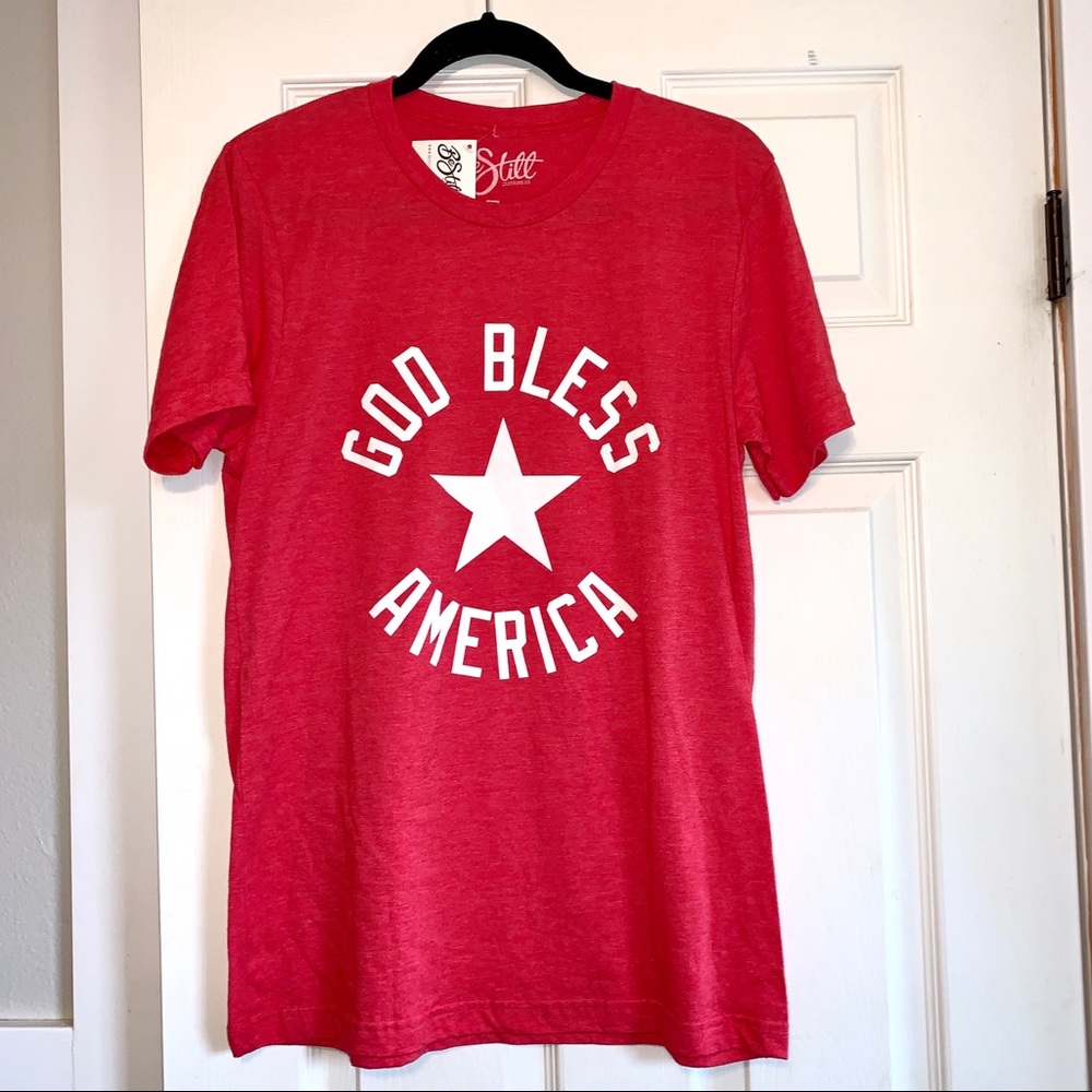 NWT God Bless America patriotic Red Shirt Small Medium July 4th 250th American